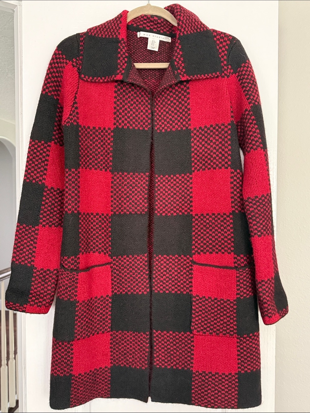 Max Studio Red and Black Buffalo Check Cardigan
